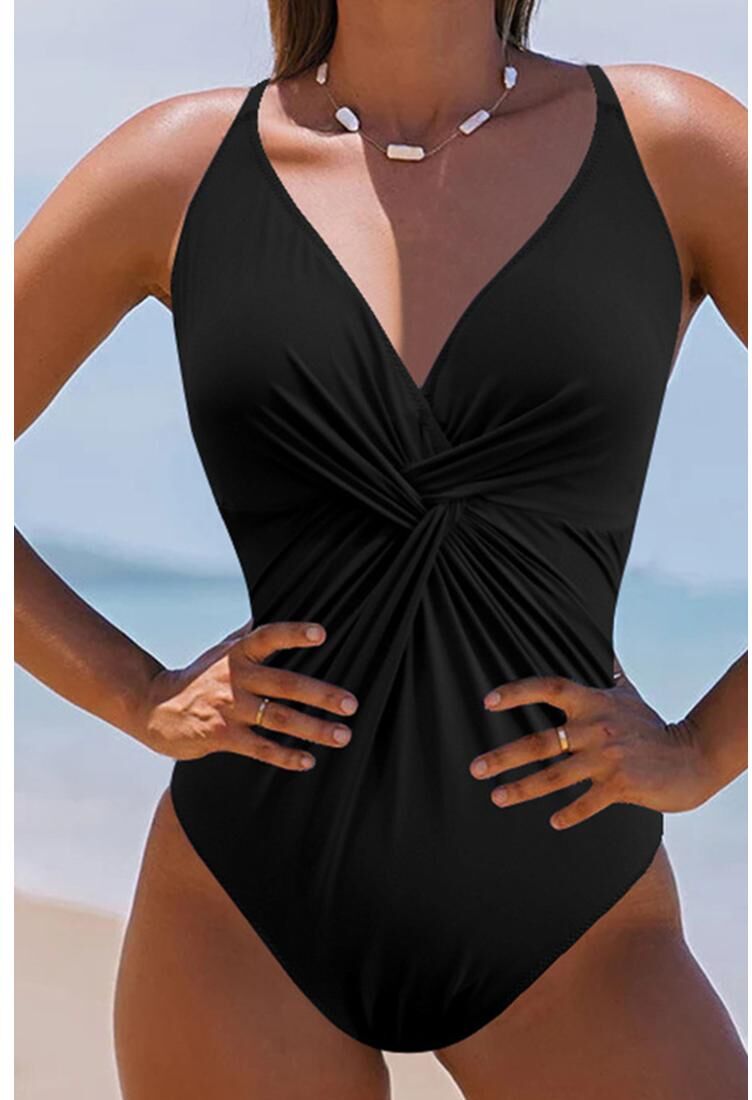 Azura Exchange Womens Black V Neck Twist Ruched Crisscross Backless One-Piece Swimsuit Nylon - Size Medium
