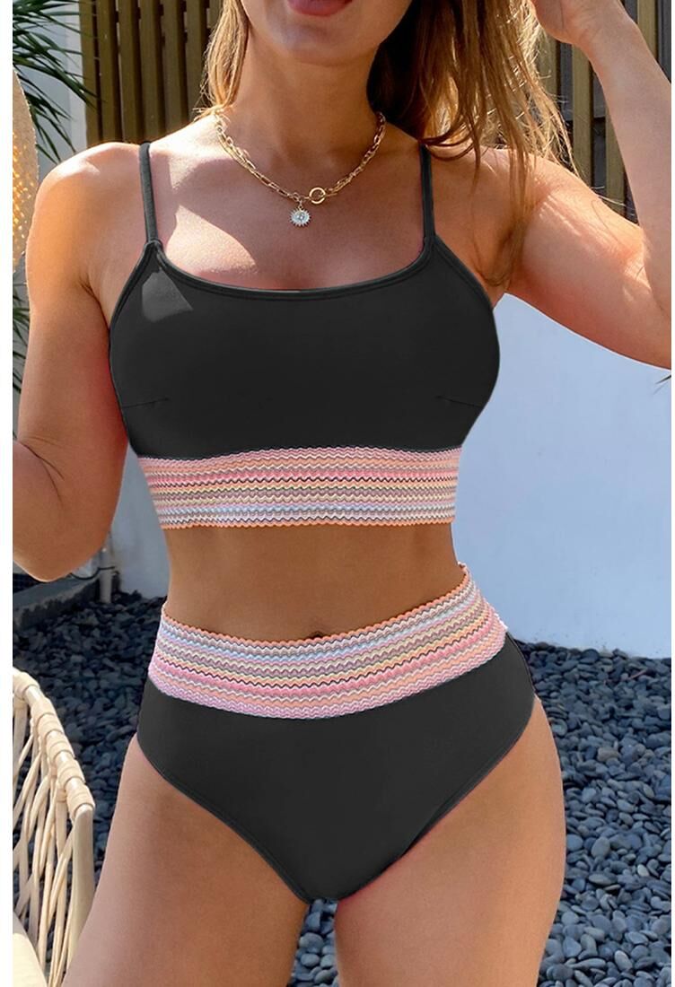 Azura Exchange Womens Black Striped Patchwork Spaghetti Strap High Waist Bikini Swimsuit Nylon - Size Medium