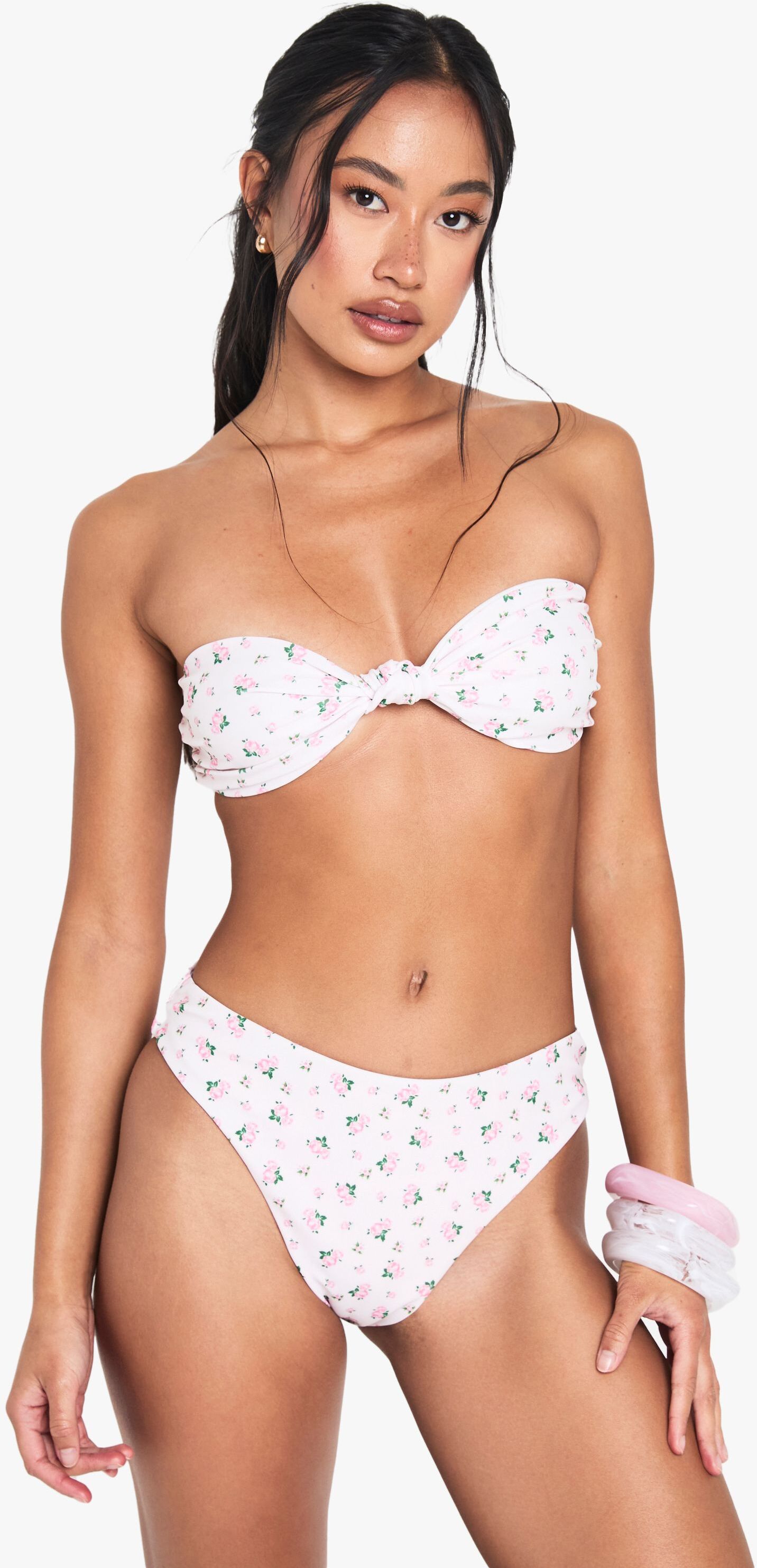 Boohoo Womens Swimwear Essentials Ditsy Floral High Waisted Bikini Bottoms - Pink - Size 10 Uk