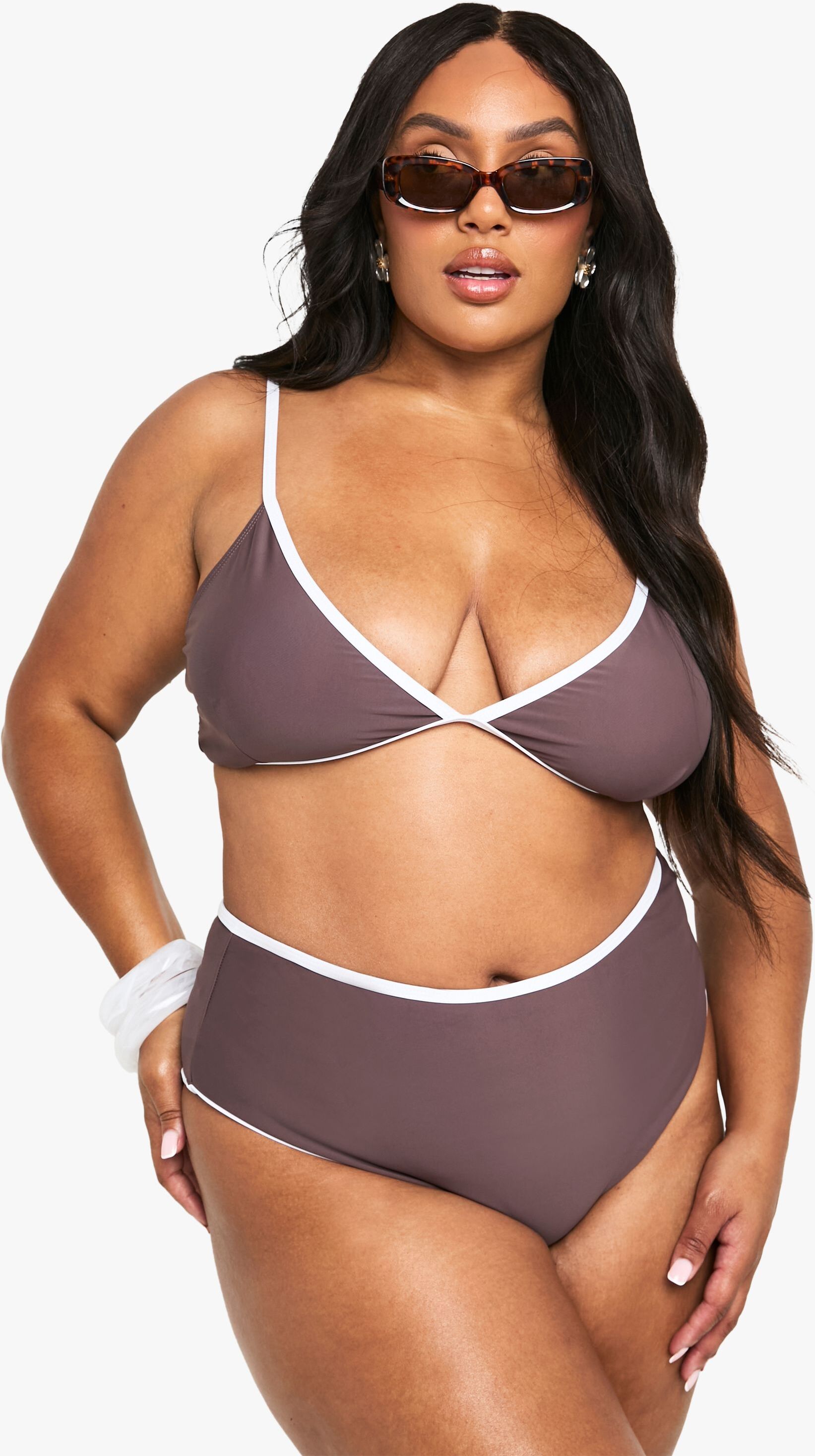 Boohoo Womens Plus Contrast High Waist Tummy Control Bikini Brief - Chocolate - Size 28 Uk