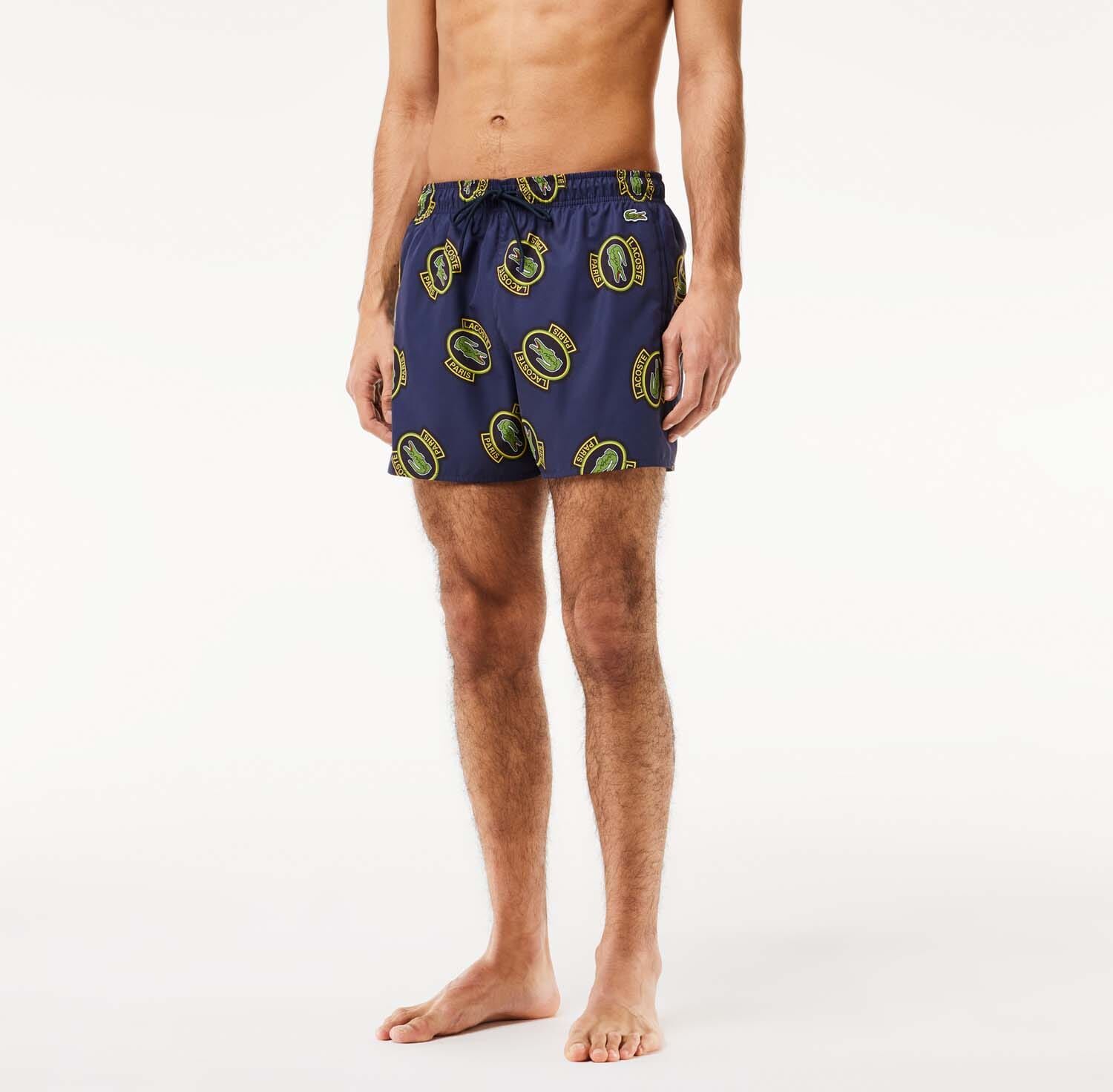 Lacoste Mens Short Printed Swim Trunks In Navy - Size Medium