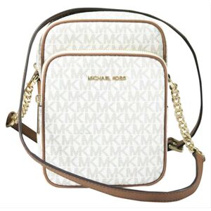Michael Kors Womens Jet Set Travel Signature Medium Logo Chain Crossbody Flight Bag - Off-White Leather - One Size