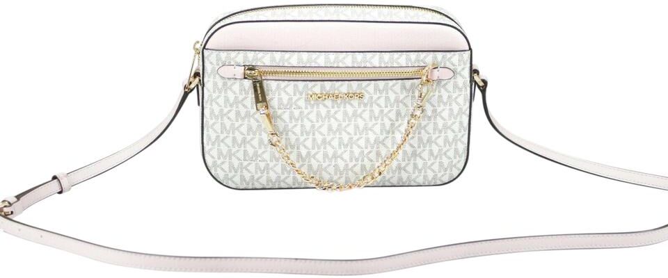 Michael Kors Womens Jet Set Item Large East West Signature Leather Zip Chain Crossbody Handbag (Vanilla Pvc/powder Blush) - Off-White - One Size
