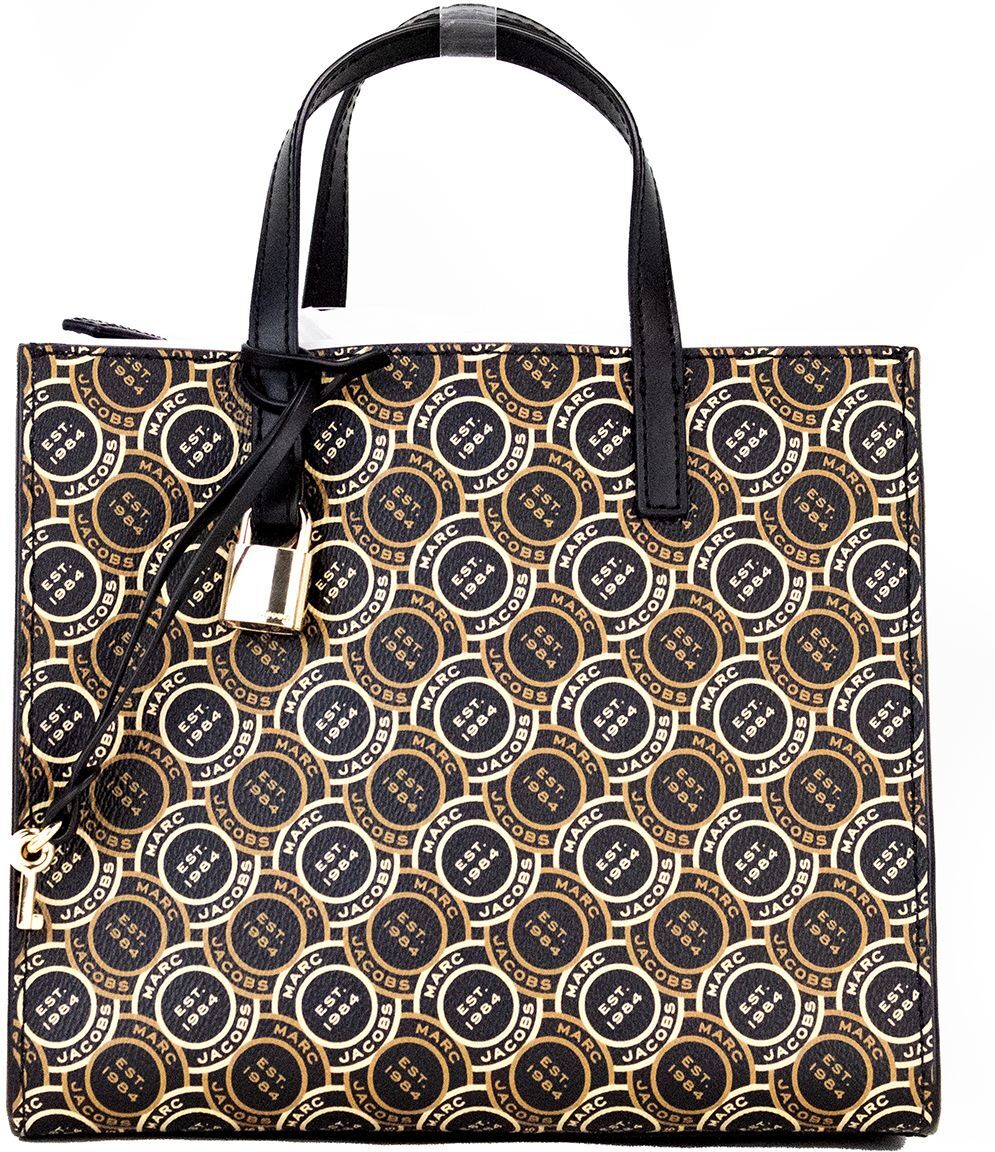 Marc Jacobs Womens Mini Grind Signet Printed Leather Crossbody Tote Handbag Purse - Black - One Size