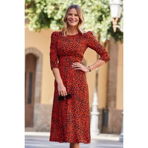 Sosandar Womens Orange & Black Animal Print Ruched Shoulder Midi Dress - Size 10 Uk Sosandar Womens Orange & Black Animal Print Ruched Shoulder Midi Dress - Size 10 Uk