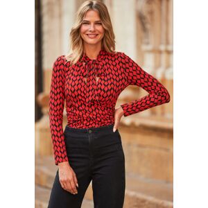 Sosandar Womens Red & Black Geometric Print Tie Neck Faux Wrap Top - Size 16 Uk Sosandar Womens Red & Black Geometric Print Tie Neck Faux Wrap Top - Size 16 Uk