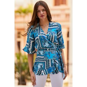Sosandar Womens Blue Scarf Print Ruffle Detail Wrap Top - Size 6 Uk Sosandar Womens Blue Scarf Print Ruffle Detail Wrap Top - Size 6 Uk