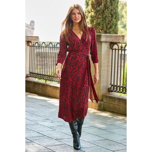 Sosandar Womens Red Animal Print Ruched Sleeve Midi Wrap Dress - Size 6 Uk Sosandar Womens Red Animal Print Ruched Sleeve Midi Wrap Dress - Size 6 Uk