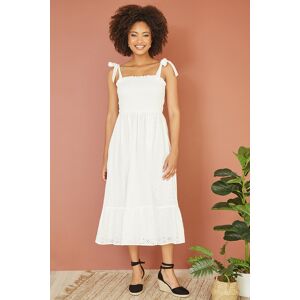 Mela London Womens White Broderie Anglaise Ruched Midi Sundress With Tie Sleeves Cotton - Size 12 Uk Mela London Womens White Broderie Anglaise Ruched Midi Sundress With Tie Sleeves Cotton - Size 12 Uk