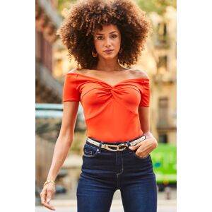 Sosandar Womens Orange Rib Twist Front Bardot Jersey Top - Size 10 Uk Sosandar Womens Orange Rib Twist Front Bardot Jersey Top - Size 10 Uk