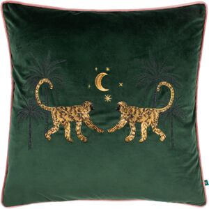 Wylder Tropics Dusk Monkey Embroidered Piped Velvet Cushion Cover - Emerald - One Size Wylder Tropics Dusk Monkey Embroidered Piped Velvet Cushion Cover - Emerald - One Size