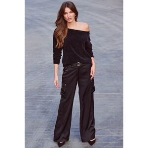 Sosandar Womens Black Satin D Ring Wide Leg Utility Trousers - Size 16 Short Sosandar Womens Black Satin D Ring Wide Leg Utility Trousers - Size 16 Short