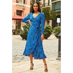 Sosandar Womens Blue Animal Print Ruffle Hem Wrap Dress - Size 6 Uk Sosandar Womens Blue Animal Print Ruffle Hem Wrap Dress - Size 6 Uk