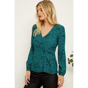 Sosandar Womens Dark Aqua Heart Print Twist Front Top - Blue - Size 6 Uk Sosandar Womens Dark Aqua Heart Print Twist Front Top - Blue - Size 6 Uk