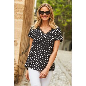 Sosandar Womens Black & White Spot Print Lace Trim Top - Size 6 Uk Sosandar Womens Black & White Spot Print Lace Trim Top - Size 6 Uk