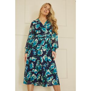Yumi Womens Blue Floral Mesh Wrap Dress With Long Sleeves - Size 16 Uk Yumi Womens Blue Floral Mesh Wrap Dress With Long Sleeves - Size 16 Uk