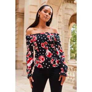 Sosandar Womens Black & Pink Floral Print Shirred Body Bardot Top - Size 6 Uk Sosandar Womens Black & Pink Floral Print Shirred Body Bardot Top - Size 6 Uk