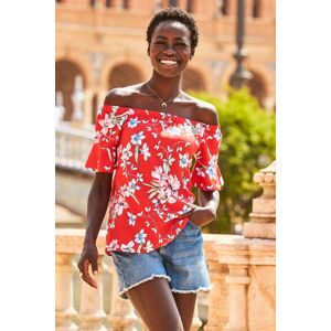 Sosandar Womens Red Floral Print Fluted Sleeve Bardot Top Denim - Size 8 Uk Sosandar Womens Red Floral Print Fluted Sleeve Bardot Top Denim - Size 8 Uk
