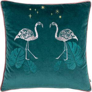 Wylder Tropics Dusk Flamingo Embroidered Piped Velvet Cushion Cover - Teal - One Size Wylder Tropics Dusk Flamingo Embroidered Piped Velvet Cushion Cover - Teal - One Size