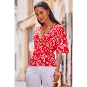 Sosandar Womens Red Paisley Print Shirred Hem Faux Wrap Jersey Top Viscose - Size 6 Uk Sosandar Womens Red Paisley Print Shirred Hem Faux Wrap Jersey Top Viscose - Size 6 Uk