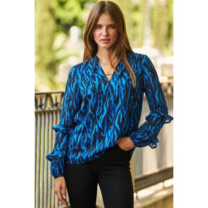Sosandar Womens Blue & Black Animal Print Ruffle Sleeve Top - Size 10 Uk Sosandar Womens Blue & Black Animal Print Ruffle Sleeve Top - Size 10 Uk