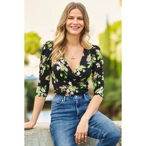 Sosandar Womens Black Floral Print Faux Wrap Top - Size 10 Uk Sosandar Womens Black Floral Print Faux Wrap Top - Size 10 Uk