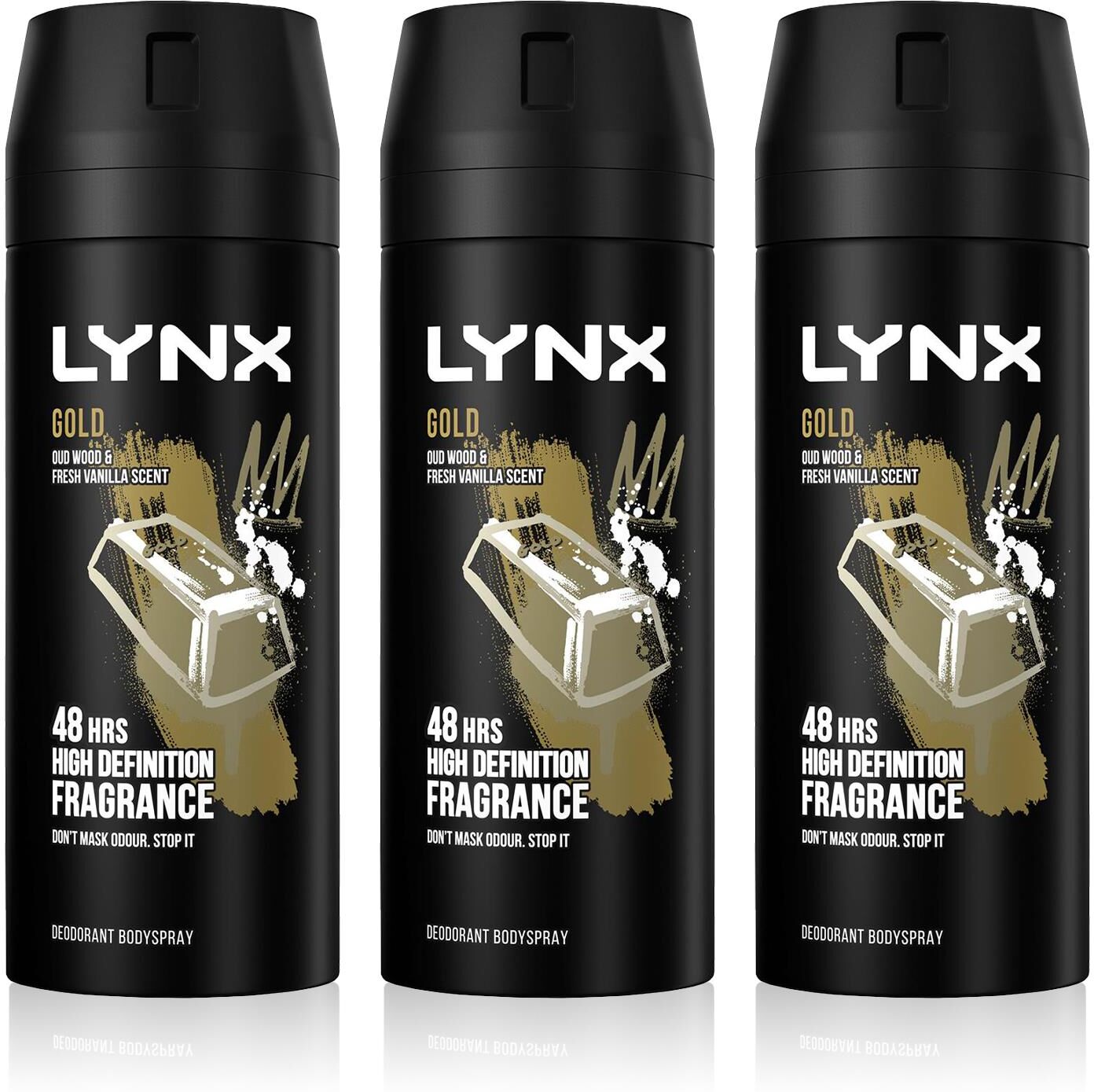 Lynx Mens Body Spray Gold 48-H High Definition Fragrance Deo For Men, 3x150ml Lace - Size 150 Ml
