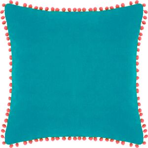 Paoletti Velvet Pom Pom Trimmed Feather Filled Cushion - Teal Cotton - One Size Paoletti Velvet Pom Pom Trimmed Feather Filled Cushion - Teal Cotton - One Size