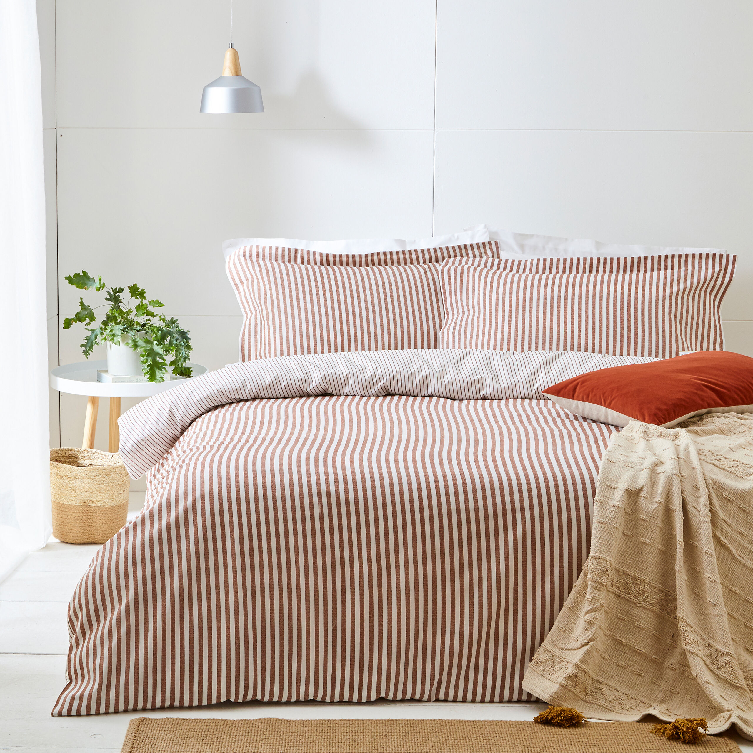 The Linen Yard Hebden Striped Reversible Duvet Cover Set - Red Cotton - Size Double