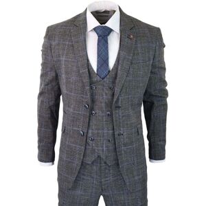 Infinity Leather Mens 3 Piece Grey With Blue Check Tweed Vintage Classic Suit - Size 52 (Chest)