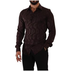 Dolce & Gabbana Mens Bordeaux Gold Logo Silk Slim Fit Shirt - Bordo - Size Medium