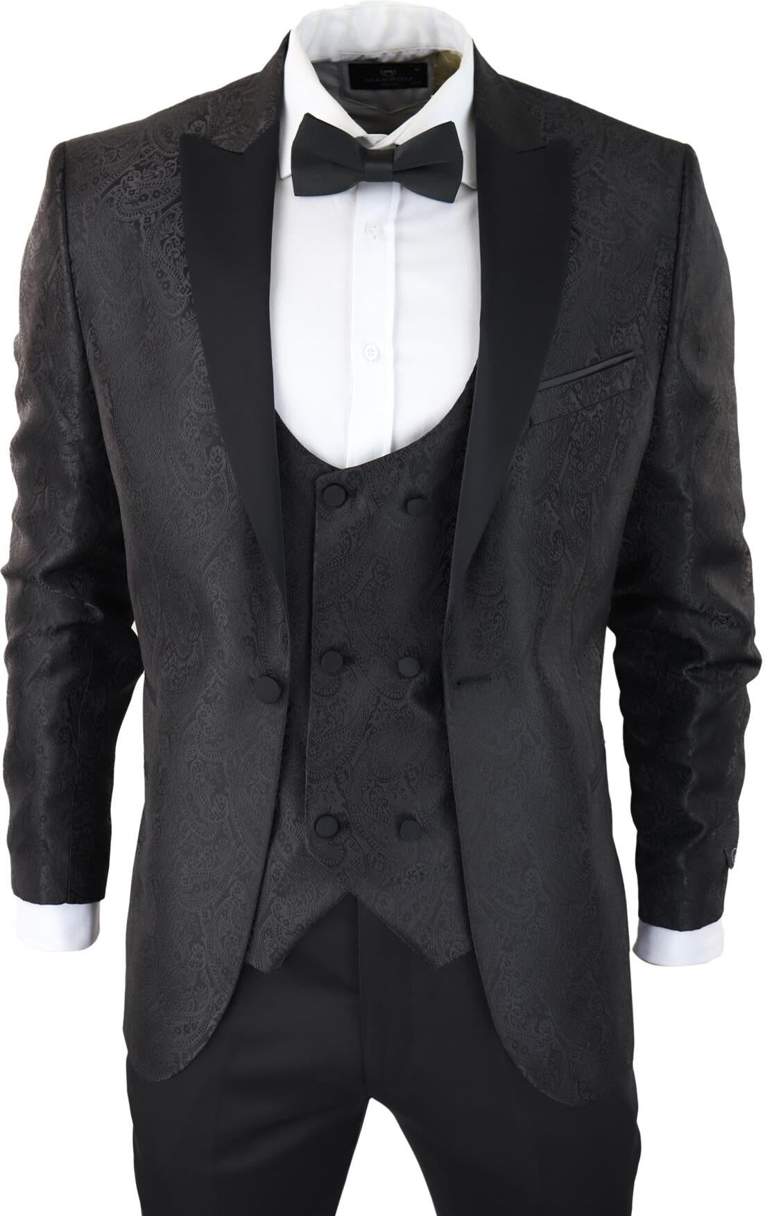 Truclothing Mens Black Tuxedo Blazer Waistcoat Brocade Satin Paisley Formal Dinner Jacket - Size 52 (Chest)