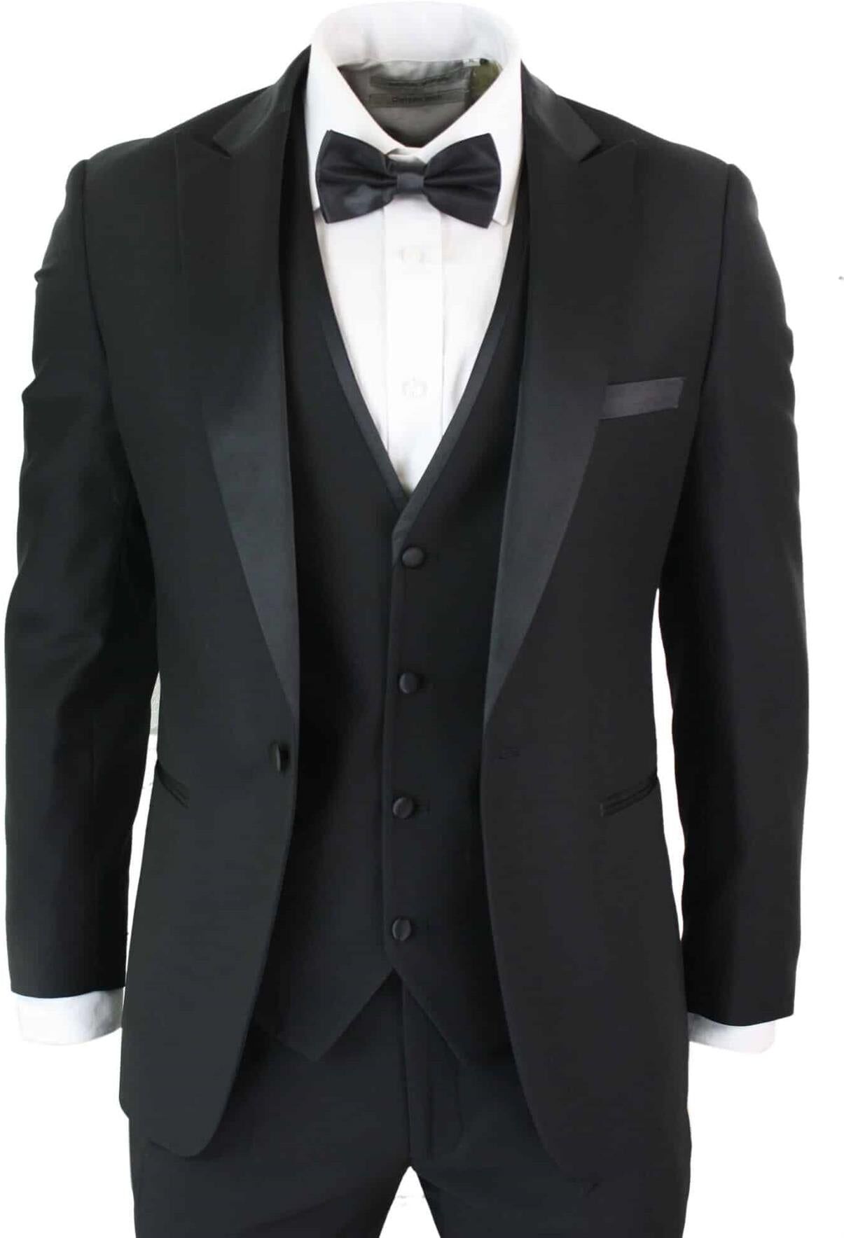 Paul Andrew Mens 3 Piece Black Tuxedo Suit Classic Satin Dinner Tailored Fit Wedding Prom - Size 52 (Chest)