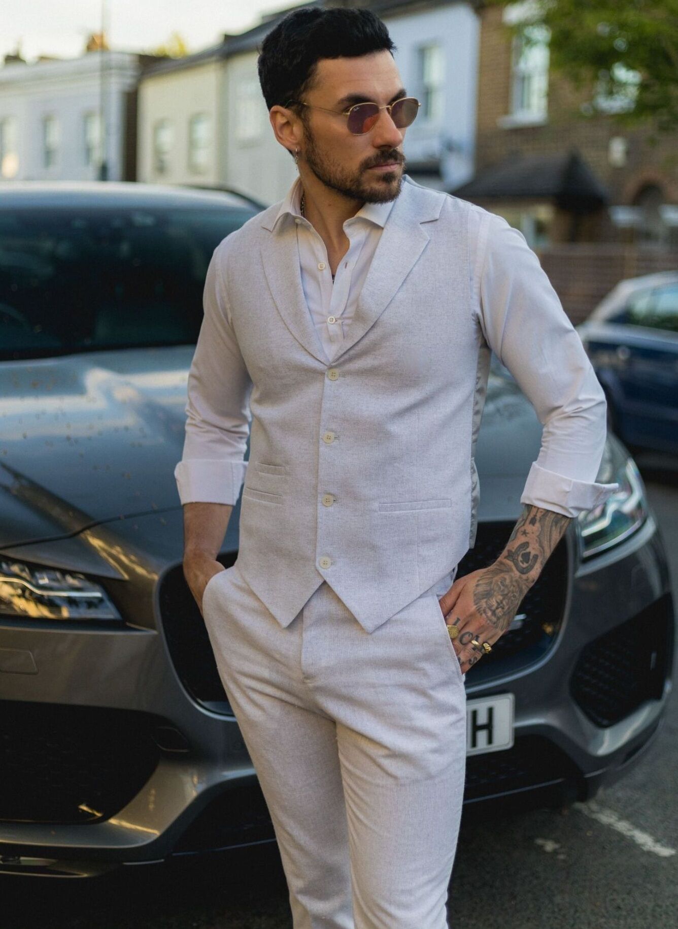 Truclothing Mens Summer 2 Piece Suit Linen Formal Grey Waistcoat Trousers Cotton - Size 52" (Chest) 46" (Waist)