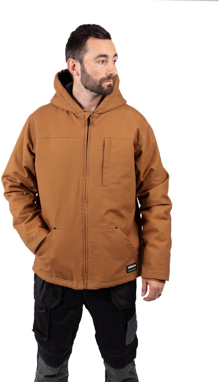 Caterpillar Hooded Sherpa Lined Mens Bronze Fleece Jacket Cotton - Size Medium