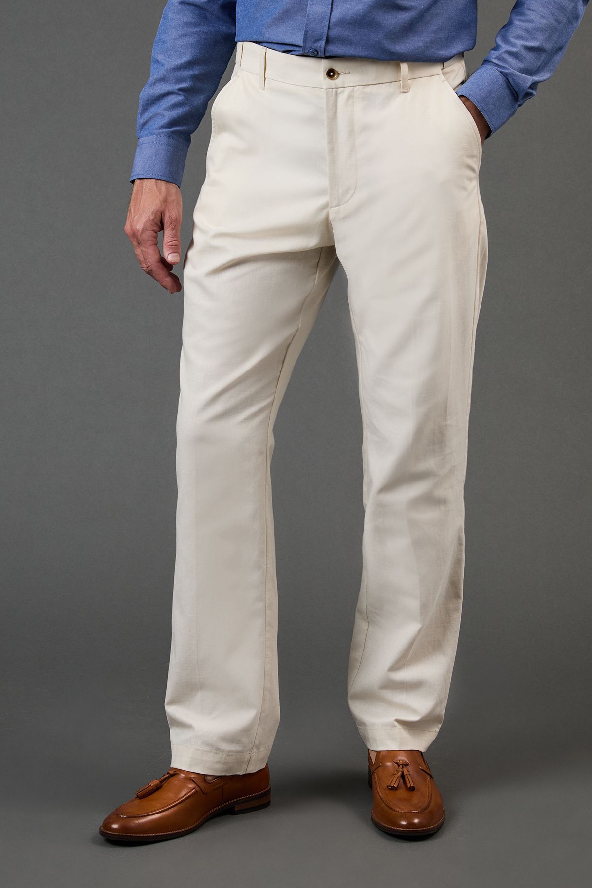 Maine Mens Natural Linen Blend Straight Fit Trousers Cotton - Size 40 Regular