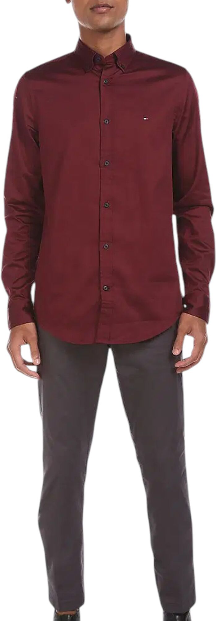 Tommy Hilfiger Mens Shirts Slim Fit Oxford Long Sleeve Casual Cotton Formal Top - Maroon - Size Large