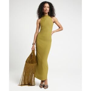 River Island Womens Bodycon Midi Dress Green Ruched High Neck - Size 12 Uk
