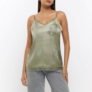 River Island Womens Cami Top Green Satin Diamante - Size 8 Uk