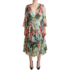 Dolce & Gabbana Womens Green Floral Long Sleeves V-Neck Midi Dress Material_silk - Size It 40 (Womens)