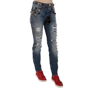 Dolce & Gabbana Womens Distressed Embellished Buttons Denim Pants Jeans - Blue Cotton - Size Eu 38 (Womens)