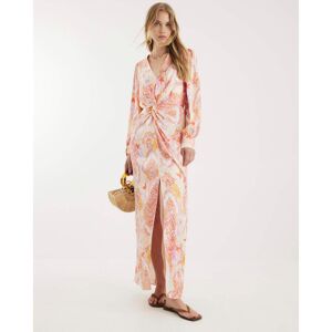 River Island Womens Maxi Dress Pink Floral Long Sleeve Twist Satin - Size 12 Uk