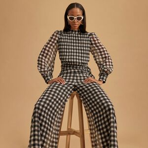 River Island Womens Crop Top Black Gingham Long Sleeve Cotton - Size 12 Uk