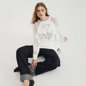 River Island Womens Sweatshirt Cream Long Sleeve Floral Cutwork Cotton - Size Small