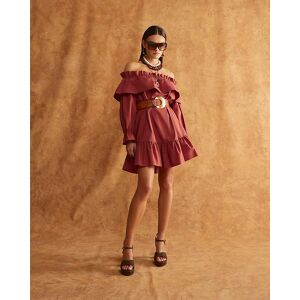 River Island Womens Mini Dress Red Frill Long Sleeve Bardot - Rust Cotton - Size 12 Uk