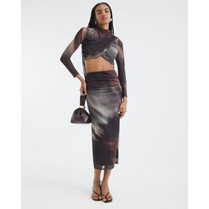 River Island Womens Crop Top And Skirt Set Brown Long Sleeve Mesh - Size X-Large