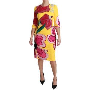 Dolce & Gabbana Womens Yellow Floral Crystal Bodycon Sheath Dress Silk - Size Eu 40 (Womens)