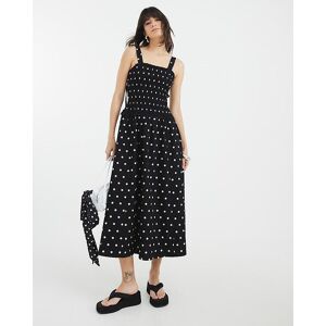River Island Womens Midi Dress Black Polka Dot Shirred - Size 18 Uk