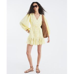River Island Womens Mini Shirt Dress Yellow Long Sleeve Cutwork Cotton - Size 20 Uk