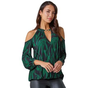 Roman Womens Abstract Print Cold Shoulder Stretch Top - Dark Green - Size 10 Uk Roman Womens Abstract Print Cold Shoulder Stretch Top - Dark Green - Size 10 Uk